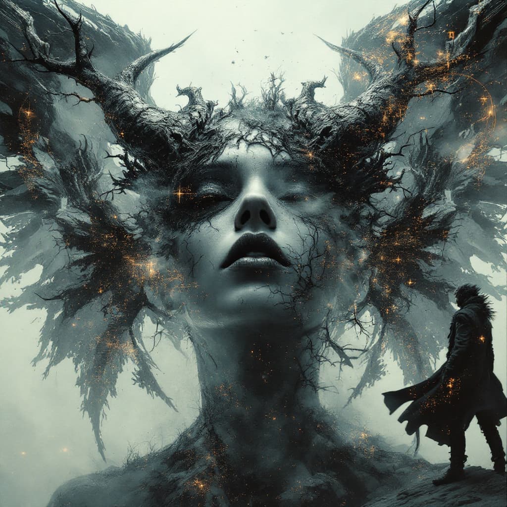 AI generated: Beast in the shape of angel, in the style of Tim Burton,, Claude Monet, dystopian-style portraits, d...
