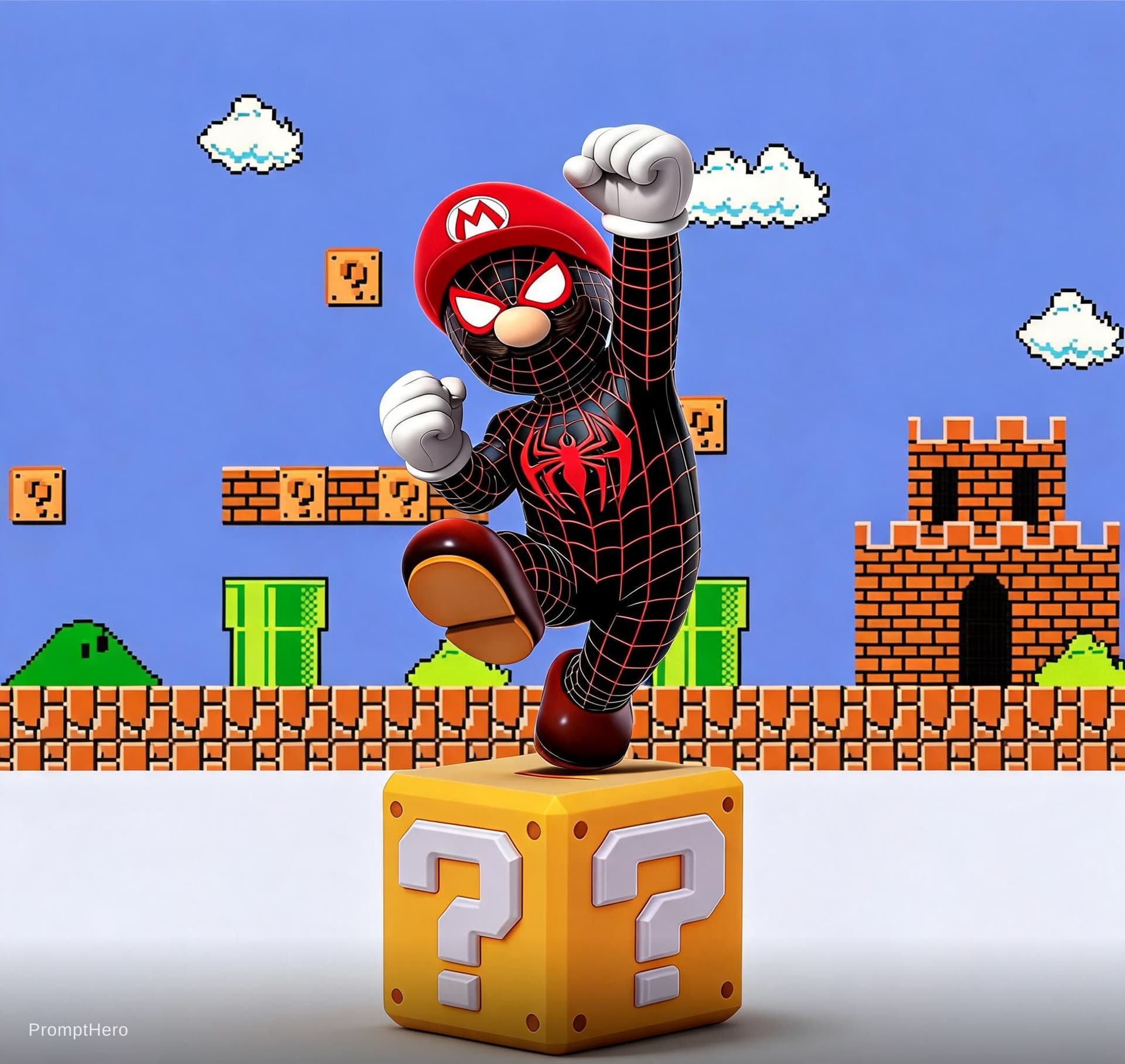 AI generated: Use the provided character-on-cube image and the provided retro platformer background image exactly ...