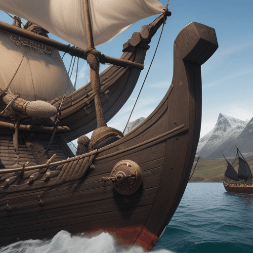 AI generated: Hyper realistic eye level exterior photo of a Viking on a Viking longship holding a power cord looki...