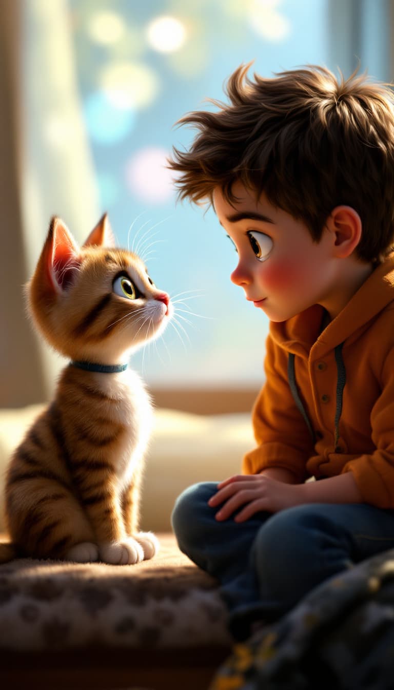 AI generated: A YOUNG BOY AND HIS CAT, LOOKING AT EACHOTHER IN CONFUSION, LOOKING INTO EACH OTHERS EYES, IN THE ST...