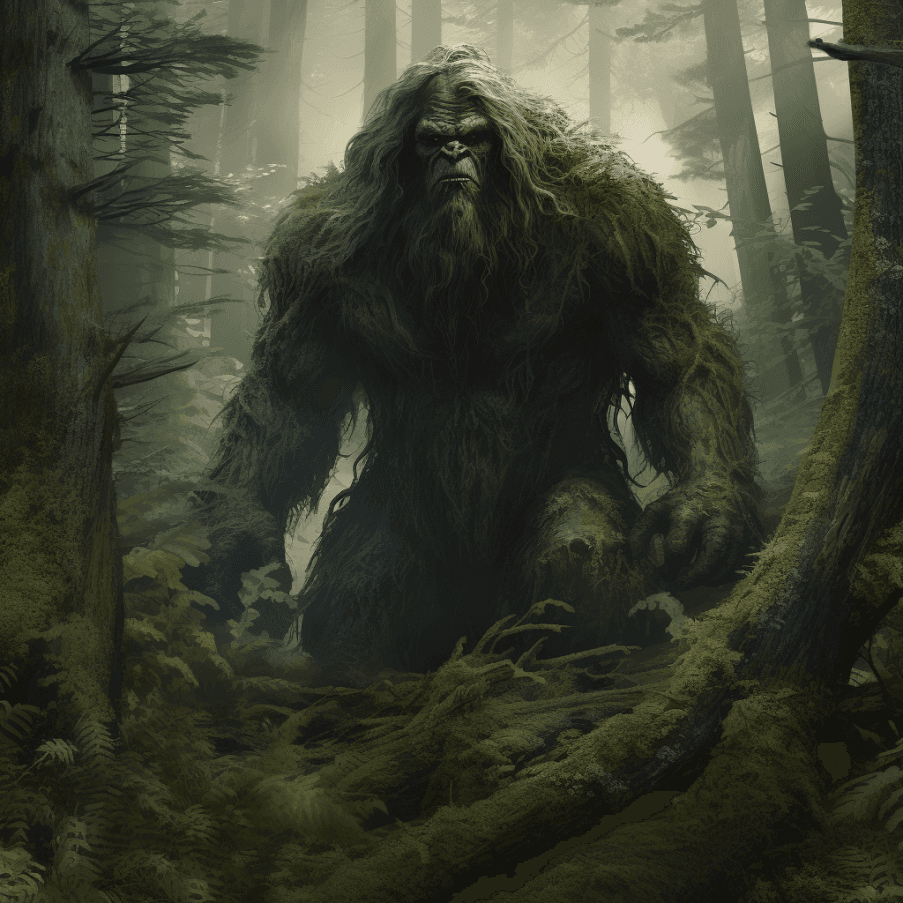 AI generated: sasquatch hidden in the woods, mystic woods, greenery, high definition, realistic detail -