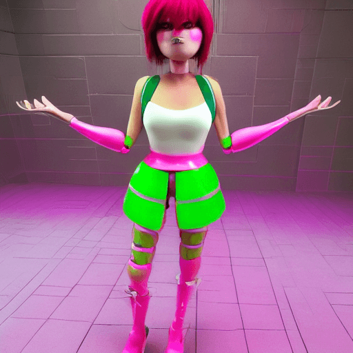 AI generated: A humanoid animatronic lady with short , metalic skin pink hair green eyes wearing a pink hantop pin...
