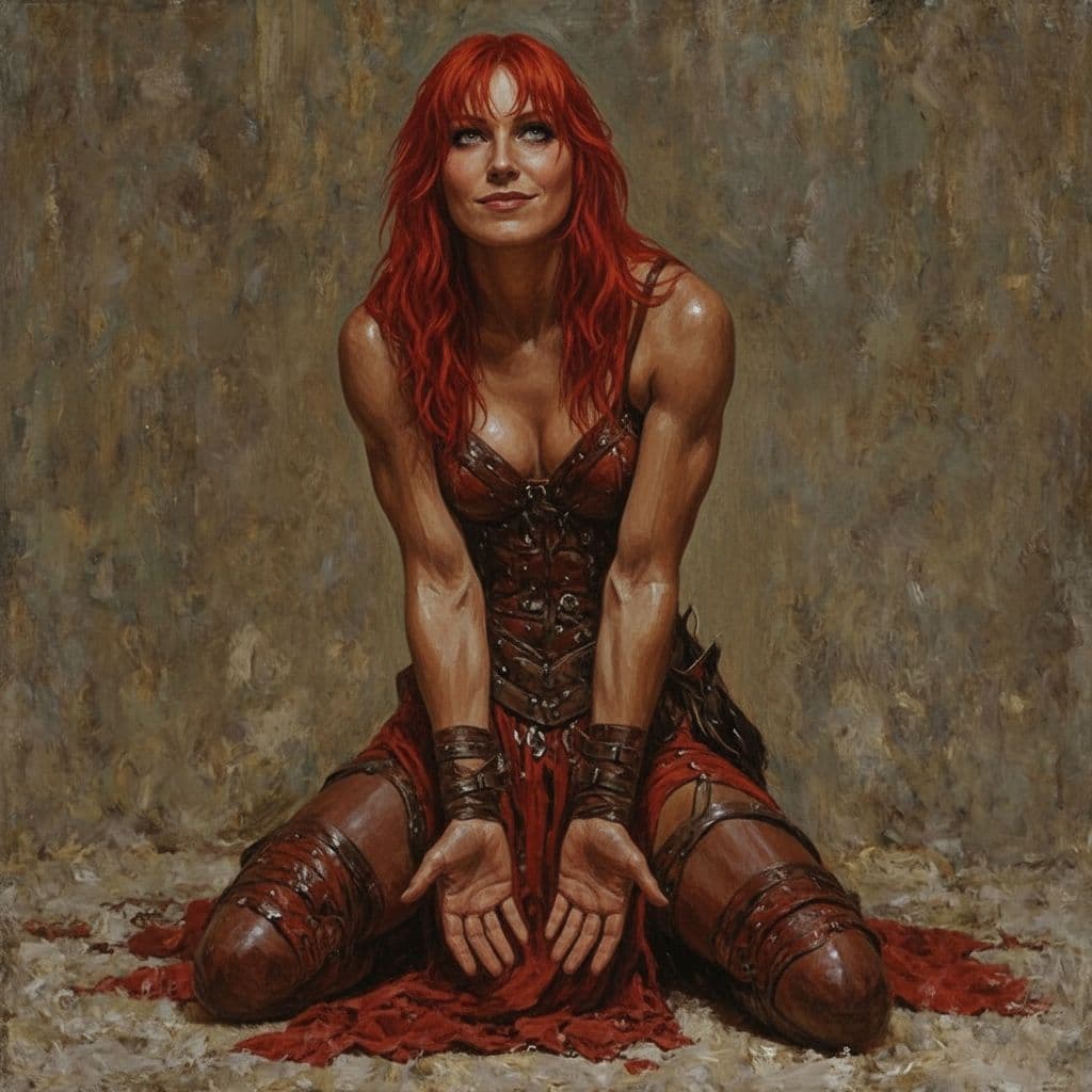 AI generated: red sonya bound and on the floor kneeling in her armor. there is a smirk of defiance on her face as ...