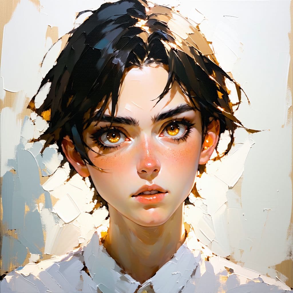 AI generated: realistic oil painting with soft colors, anime, artsy female type, semirealistic, kind of unsettling...