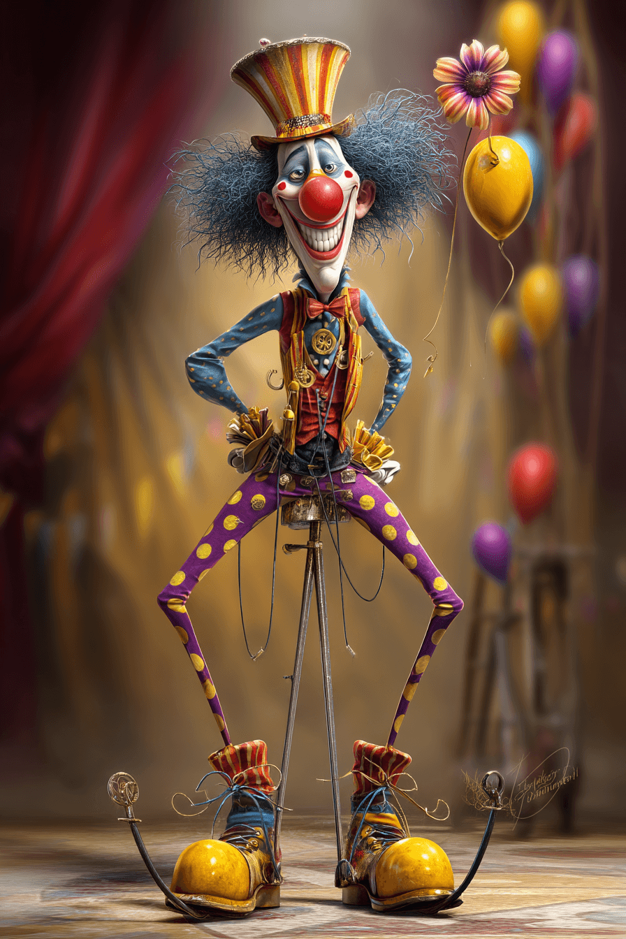 AI generated: funny caricature, zany clown character, 35 years old, colorful, mischievous, elastic, exaggerated ru...
