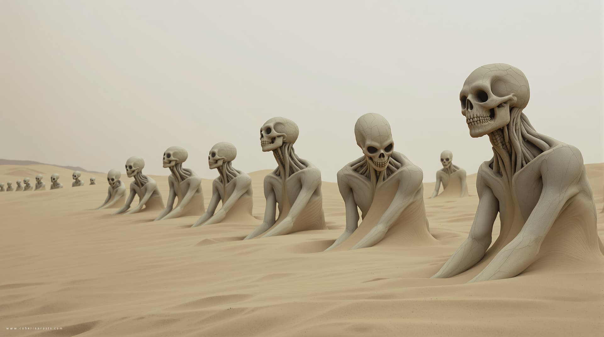 AI generated: Image is a surreal digital artwork depicting a line of humanoid figures partially submerged in a san...