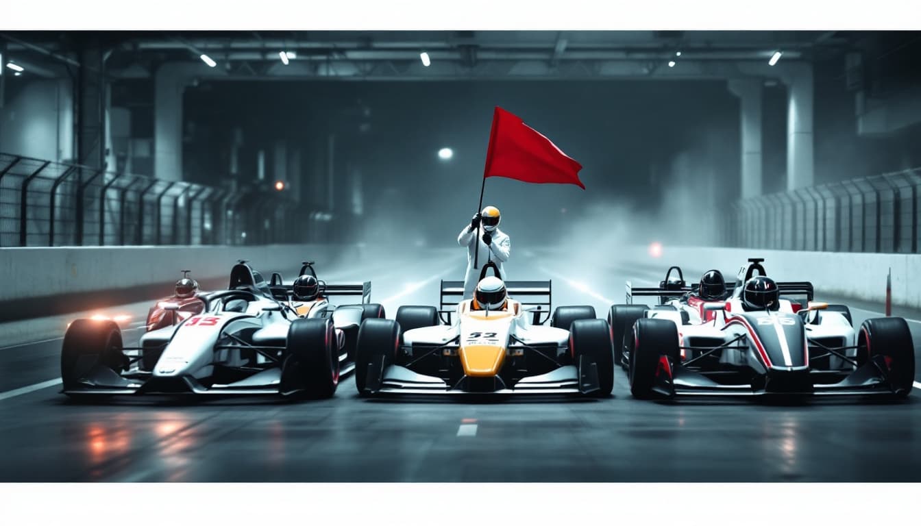 AI generated: At the starting line there are 5 racing cars - cars with different club logos.     The camera looks ...
