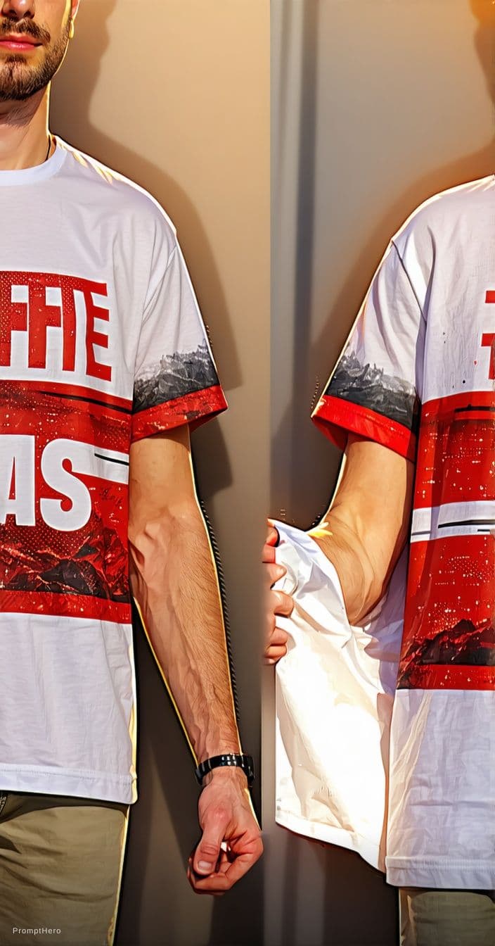 AI generated: Unzip the tshirt.
- Slide each arm out of the sleeves.
- Remove the tshirt completely 