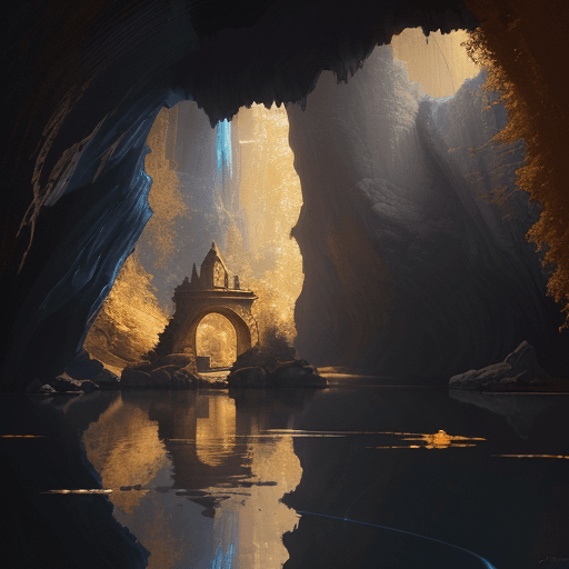 AI generated: new art : landscape into a Underground cave, an altar with a treasure around water. satara by johnny...
