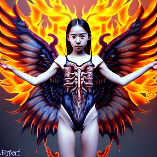 AI generated: extremely detailed hyper-realistic Winged Female Demon Arch-angel manguri, fire lava background, ful...