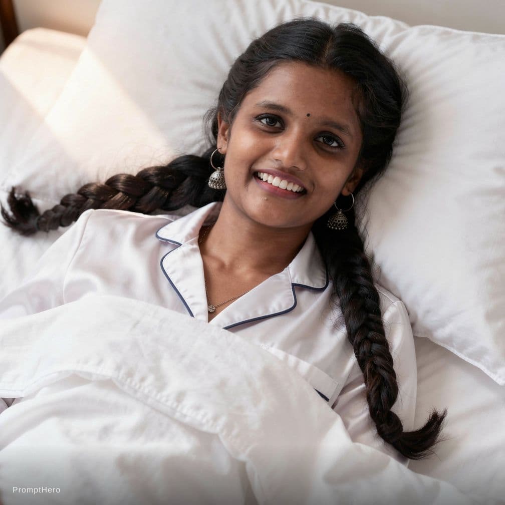 AI generated: Create a high-resolution photograph of a fit adult woman lying on her back in a bed covered with pri...