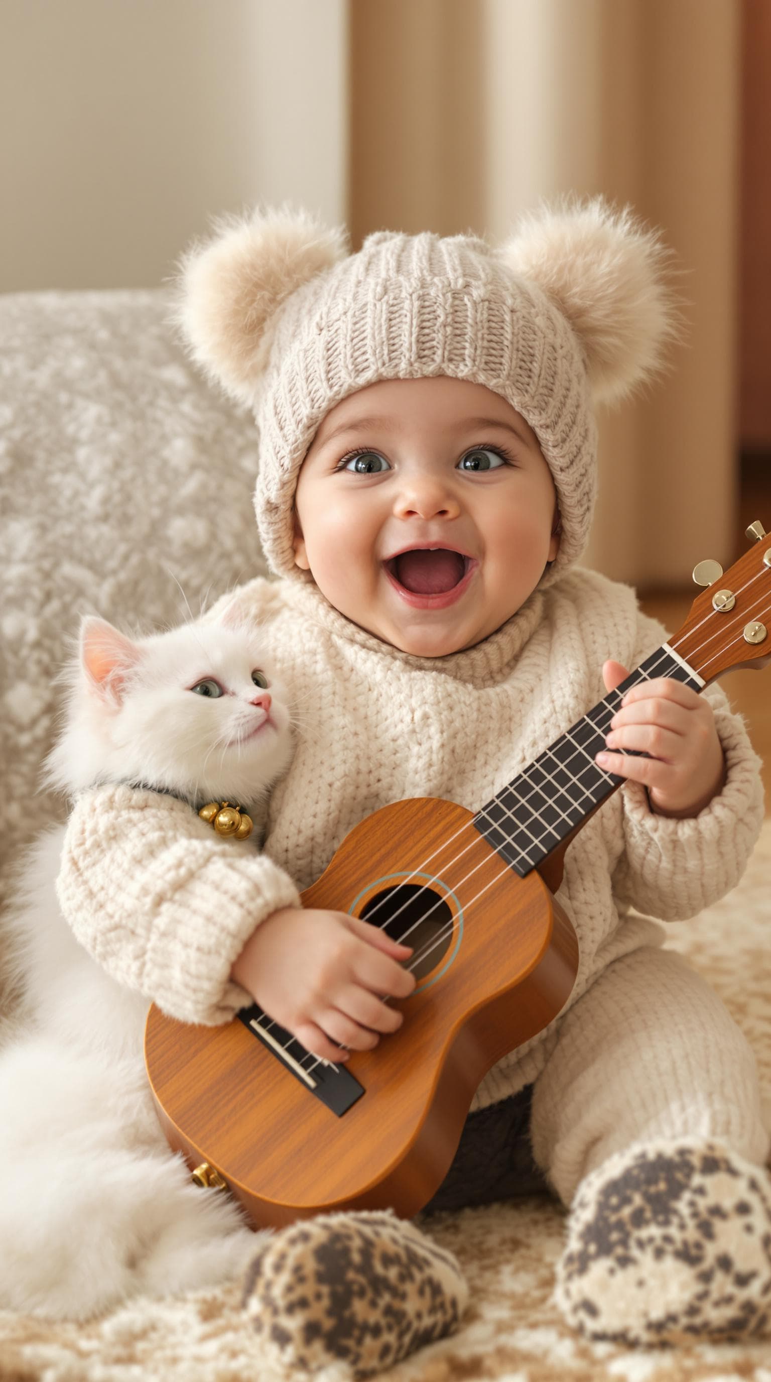 AI generated: A hyper-realistic image of an adorable baby dressed in a warm, knitted sweater and hat with fuzzy ea...