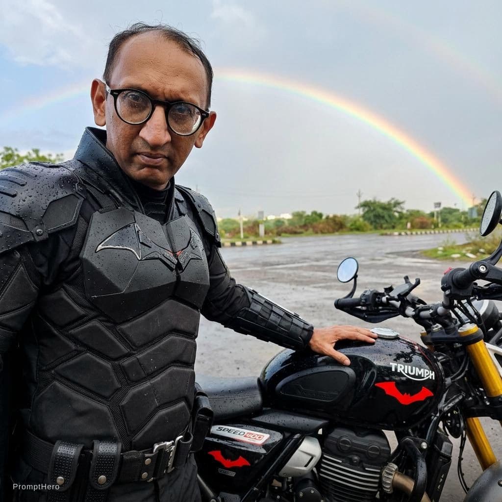 AI generated: Rainy season with rainbow Batman costume 
