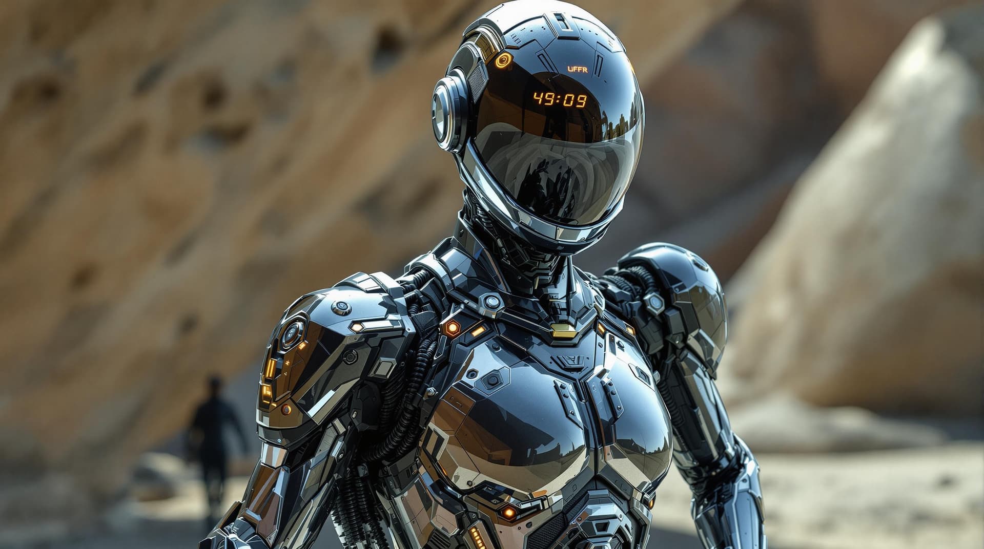 AI generated: Shot with a Panasonic Lumix GH7. The image features a futuristic character in a sleek, form-fitting ...