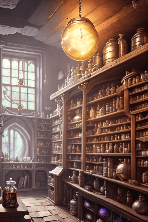 AI generated: an old wooden apothecary, filled with bright potions on the shelves, with a big iridiscent dagger on...