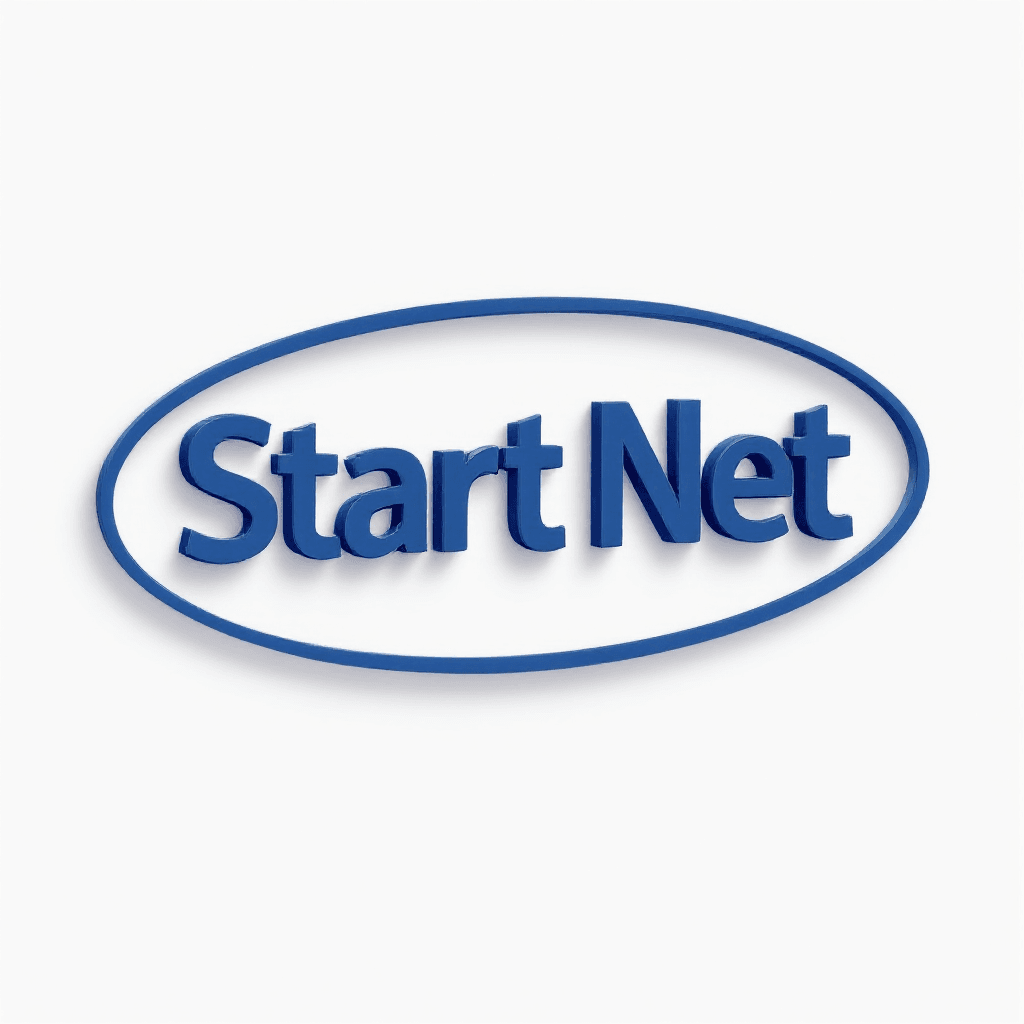 AI generated: 3D logo design featuring indigo text Start Net on a not background. Include an oval around the lette...