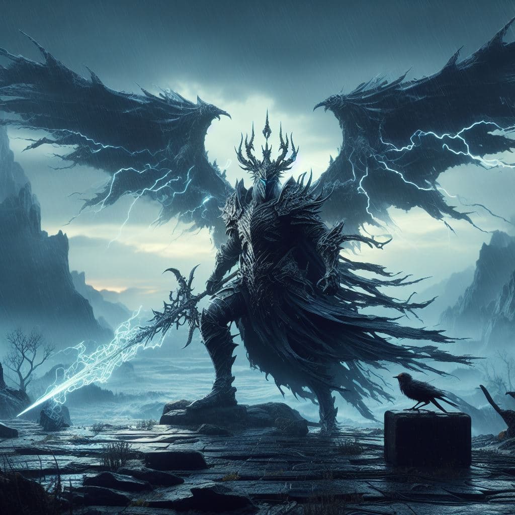 AI generated: an awe-inspiring 3D portrayal showcasing The Nameless King from Dark Souls 3. Place him in a vast an...