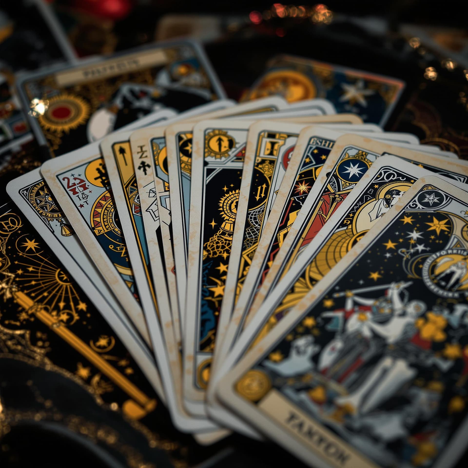 AI generated:  A deck of tarot cards fanned out, featuring mystical symbols or archetypes dslr, ultra quality, sha...