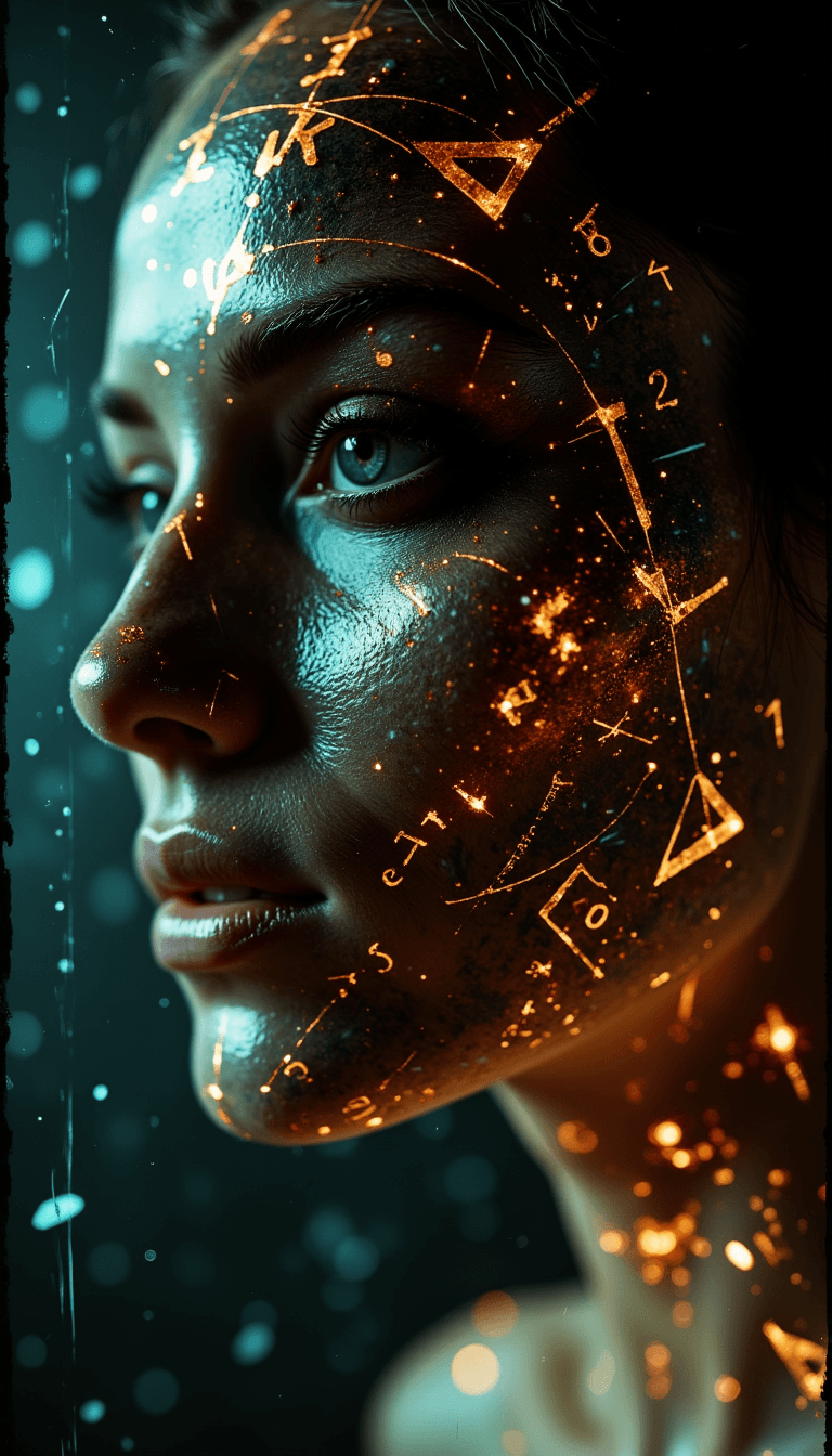 AI generated: Shadowrun Math Projection - A close-up of a person's face with set logical ambient background, DayGl...