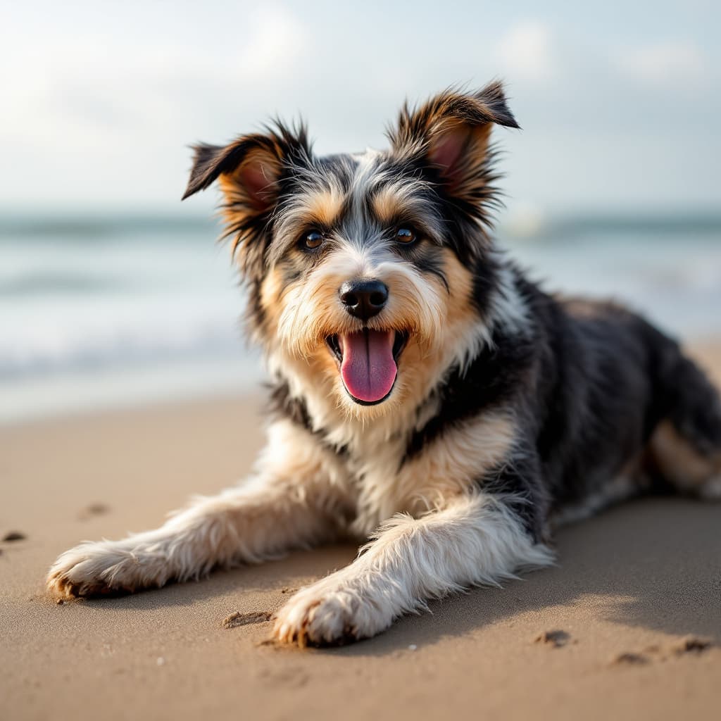 AI generated: A pretty dog is playing on the beach