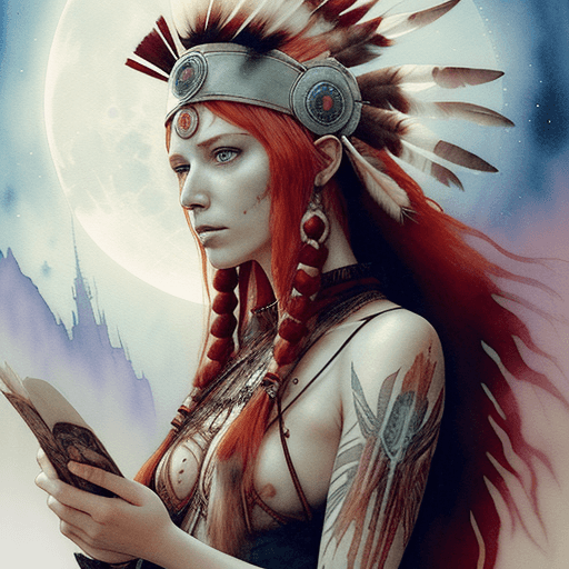 AI generated: A beautiful red haired girl with a native American chief headdress. Luis Royo bookmark of surrealist...