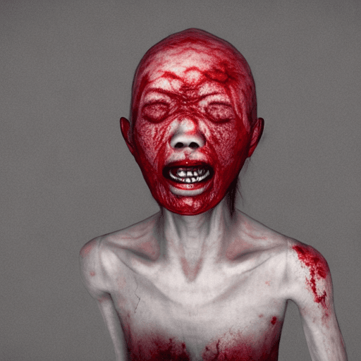 AI generated: The Asian woman was emaciated, pale, wrinkled, open scary red stains mouth, creepy, slime, mist, hor...