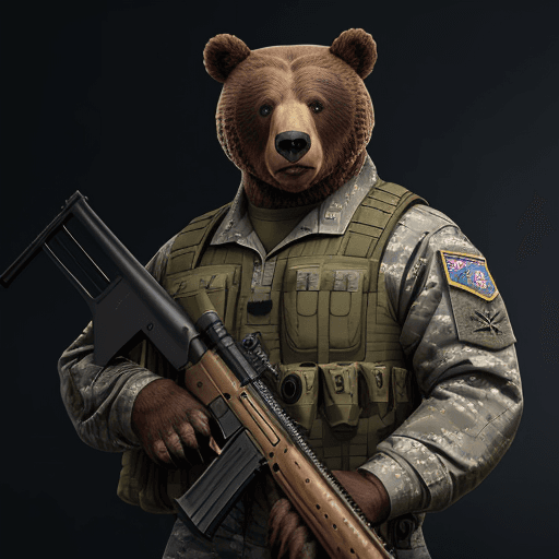 AI generated: Courageous greazly bear in full heart military uniform, holding a shotgun, anthropomorphic, super de...