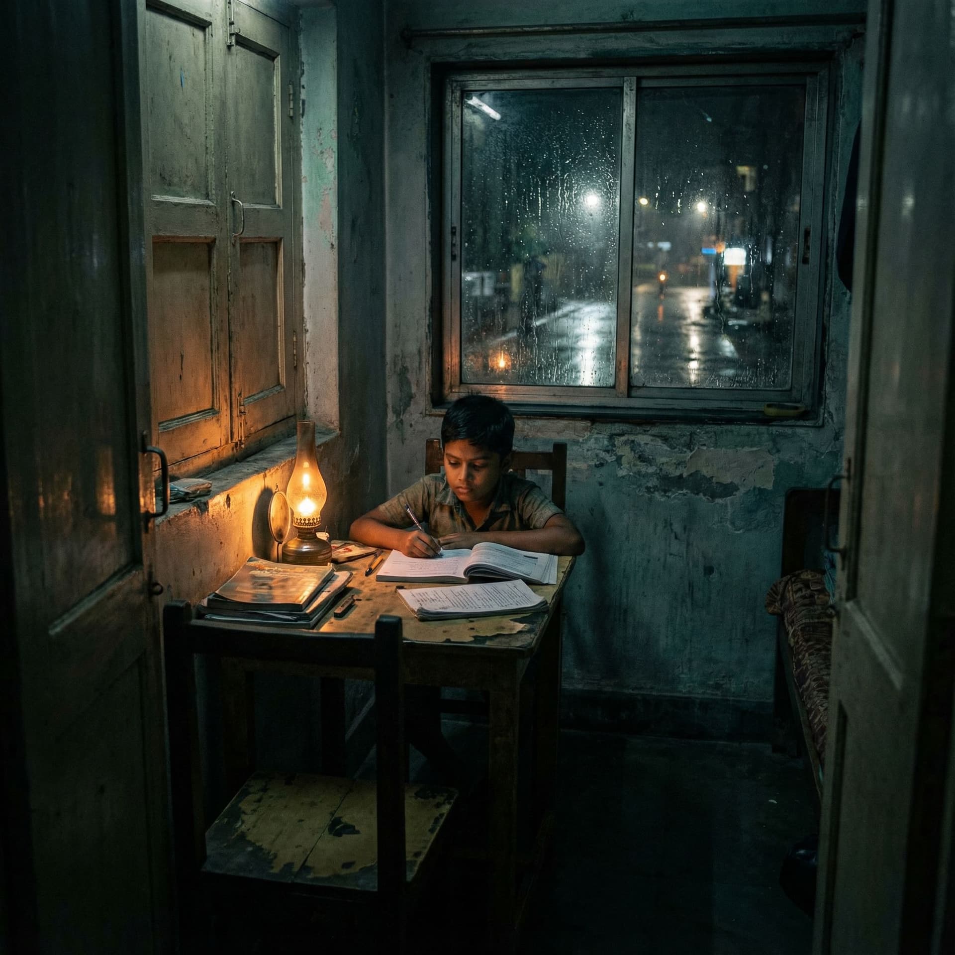 AI generated: Scene 2 – Struggling Phase

**Prompt:**
“young Indian boy studying at night under a dim lamp in a sm...
