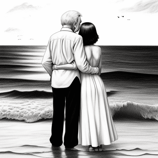 AI generated: Black and white drawing, with an elderly couple looking at each other, he has moustage and he is tal...