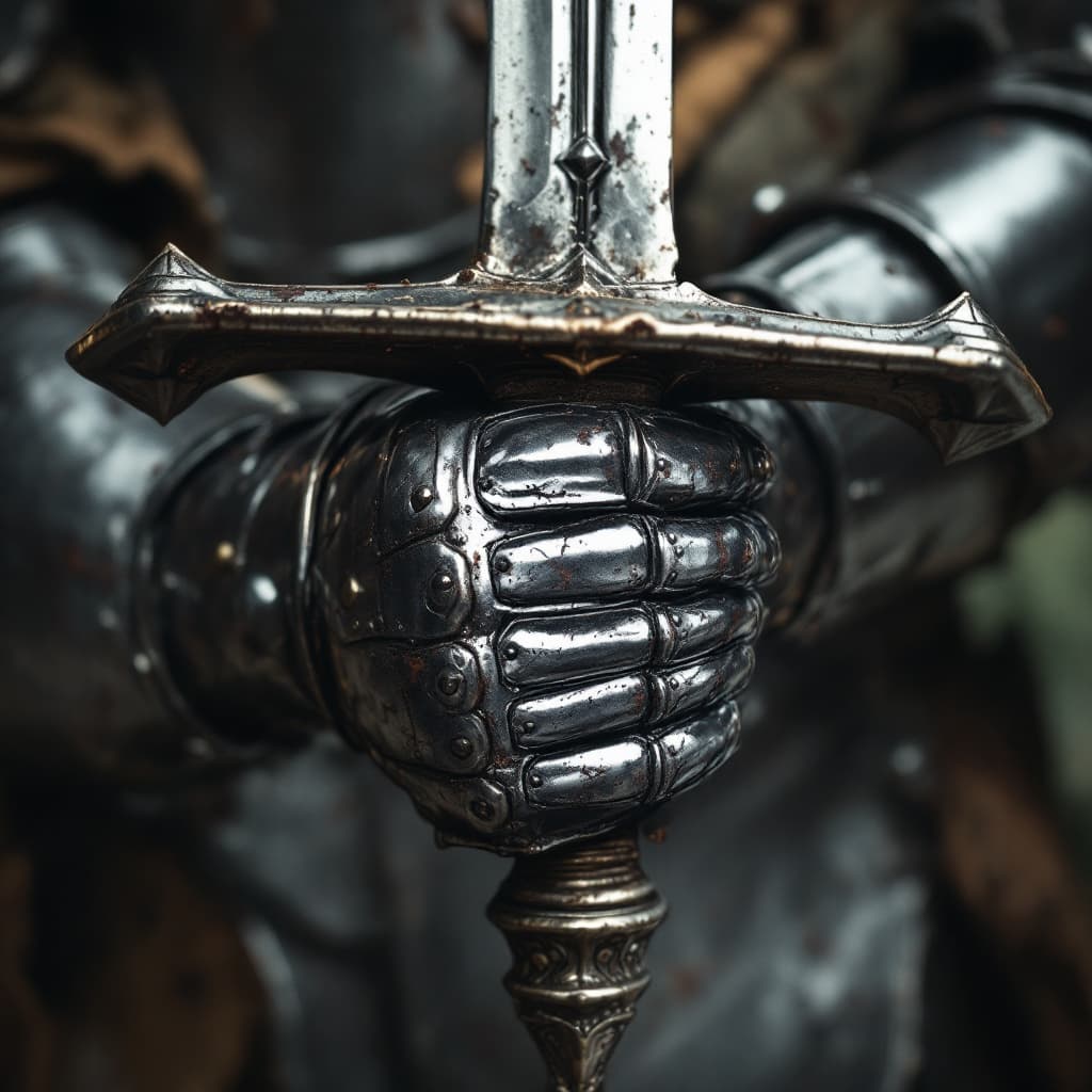 AI generated: 8.	close-up of a knight's armored gauntlet gripping a sword hilt, battle-worn metal --v 7 --style ra...