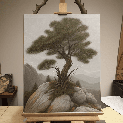 AI generated: Please draw a pheasant oil painting on a pine tree with drooping branches on a large rock.