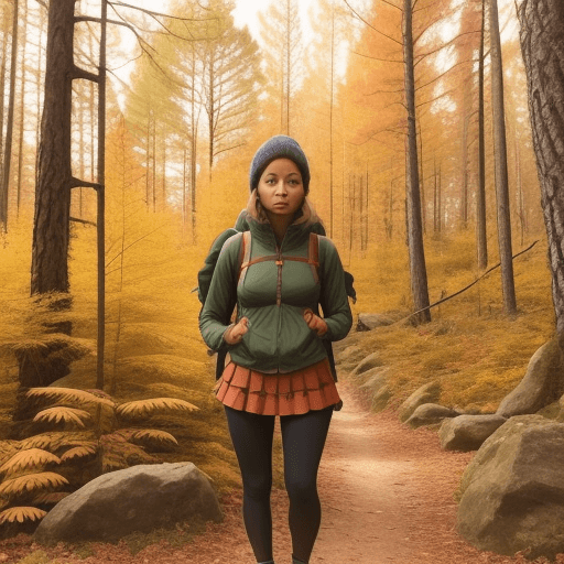 AI generated: A Indigenous forest in the fall with a beautiful girl dressed in hiking clothes