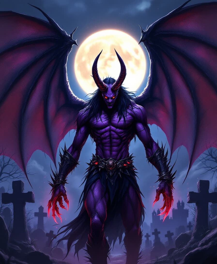 AI generated: Avenging demon with purple skin,piercing red eyes, large horns and bat wings, Bodyspikes all over hi...
