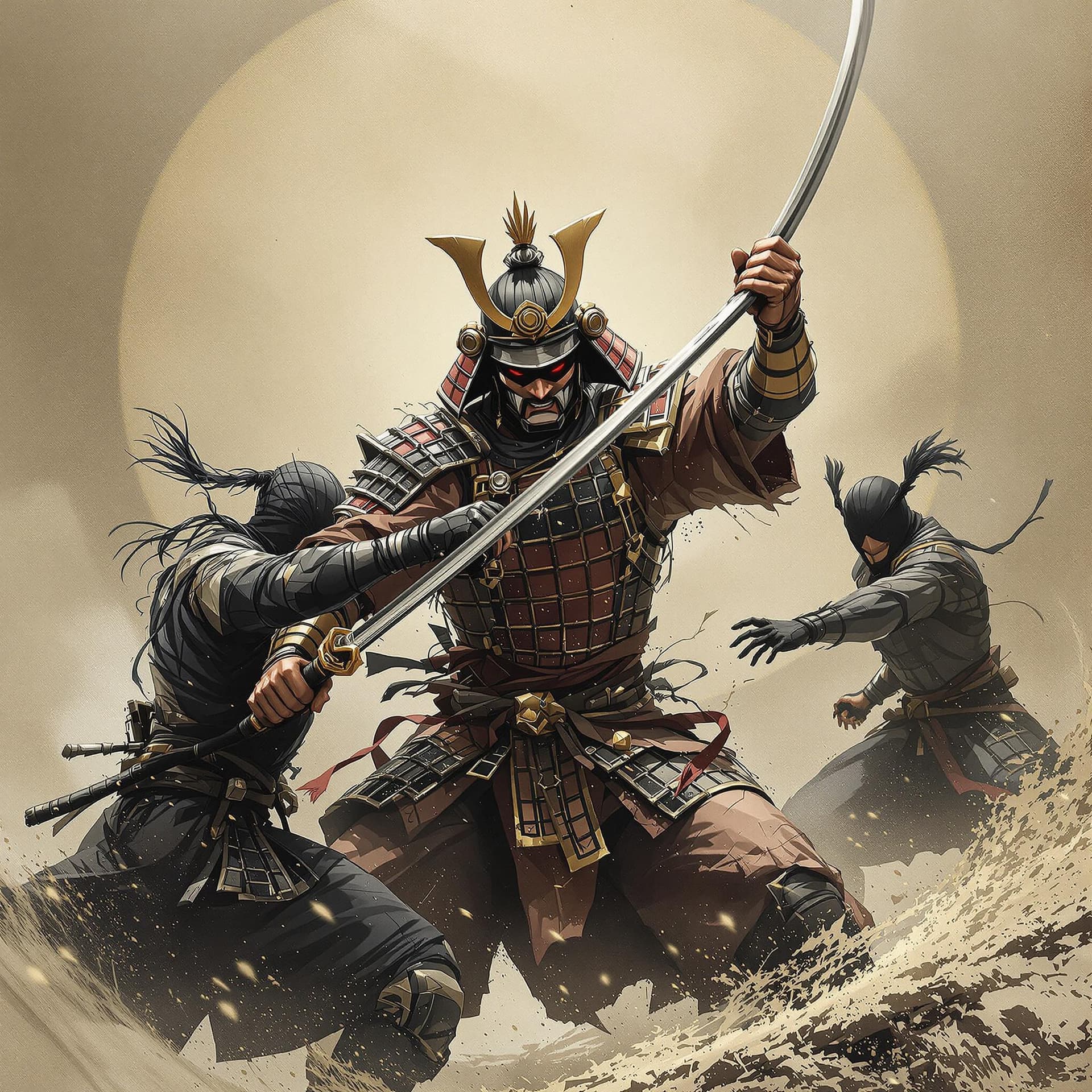 AI generated: Samurai, fighting three thieves