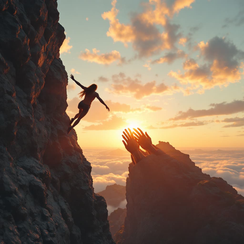 AI generated: Person helping another climb a cliff with many hands lifting each other, vibrant sunrise behind, hyp...