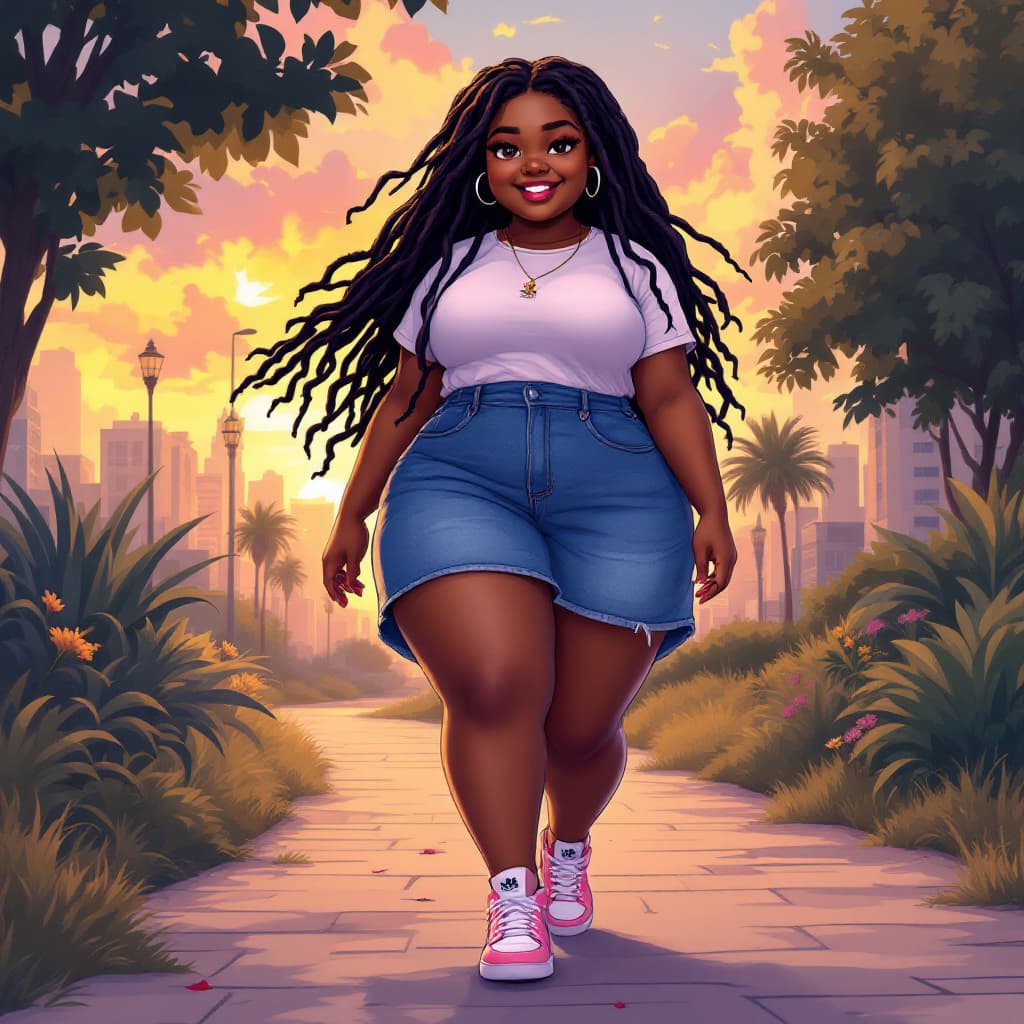 AI generated: Anime image of a short chubby and curvy African girl in her mid twenties with brown skin, neat long ...