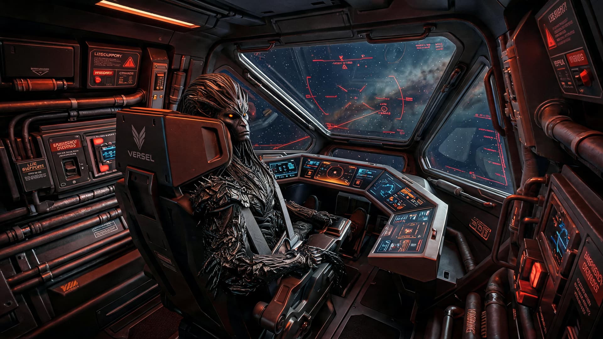 AI generated: Dark alien warrior (image 1) strapped into a futuristic fighter cockpit (image 2), glowing amber eye...