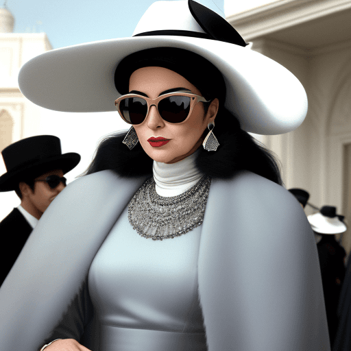 AI generated: a woman in fur with a hat, sunglasses, and white hat, in the style of ray eames, dark gray and light...