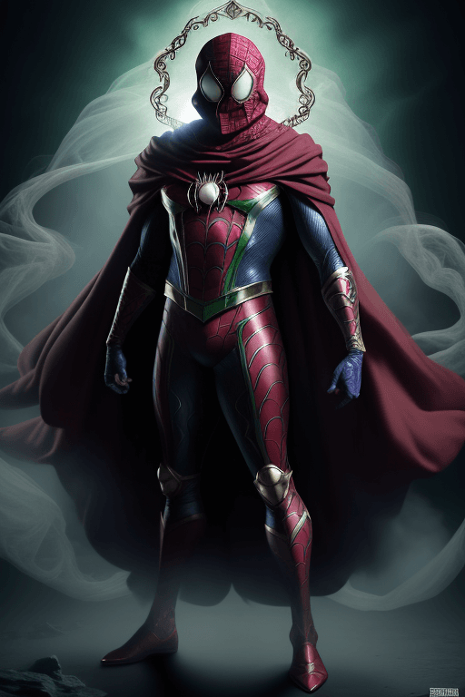 AI generated: mysterio, a formidable villain,real spiderman costume, full body shot, wears a deep  red costume wit...