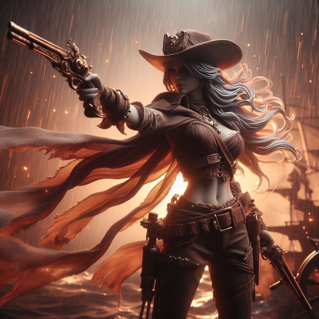 AI generated: a 16K, anatomically precise representation of Miss Fortune, the Bounty Hunter from League of Legends...