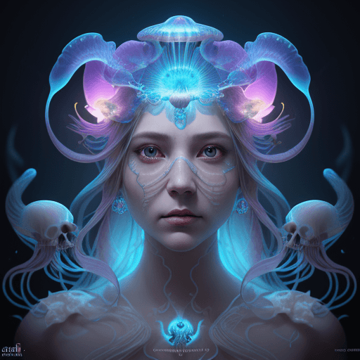 AI generated: Goddess close-up portrait ribcagel. jellyfish phoenix head, nautilus, orchid, skull, betta fish, bio...