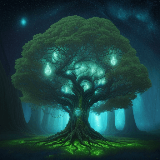 AI generated: bright painting of a tree with stars in the sky, in the style of dreamlike fantasy creatures, multil...