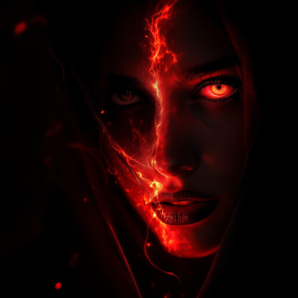 AI generated: Generate an image of a woman's face half veiled in shadow, half illuminated by a fiery red glow, sym...