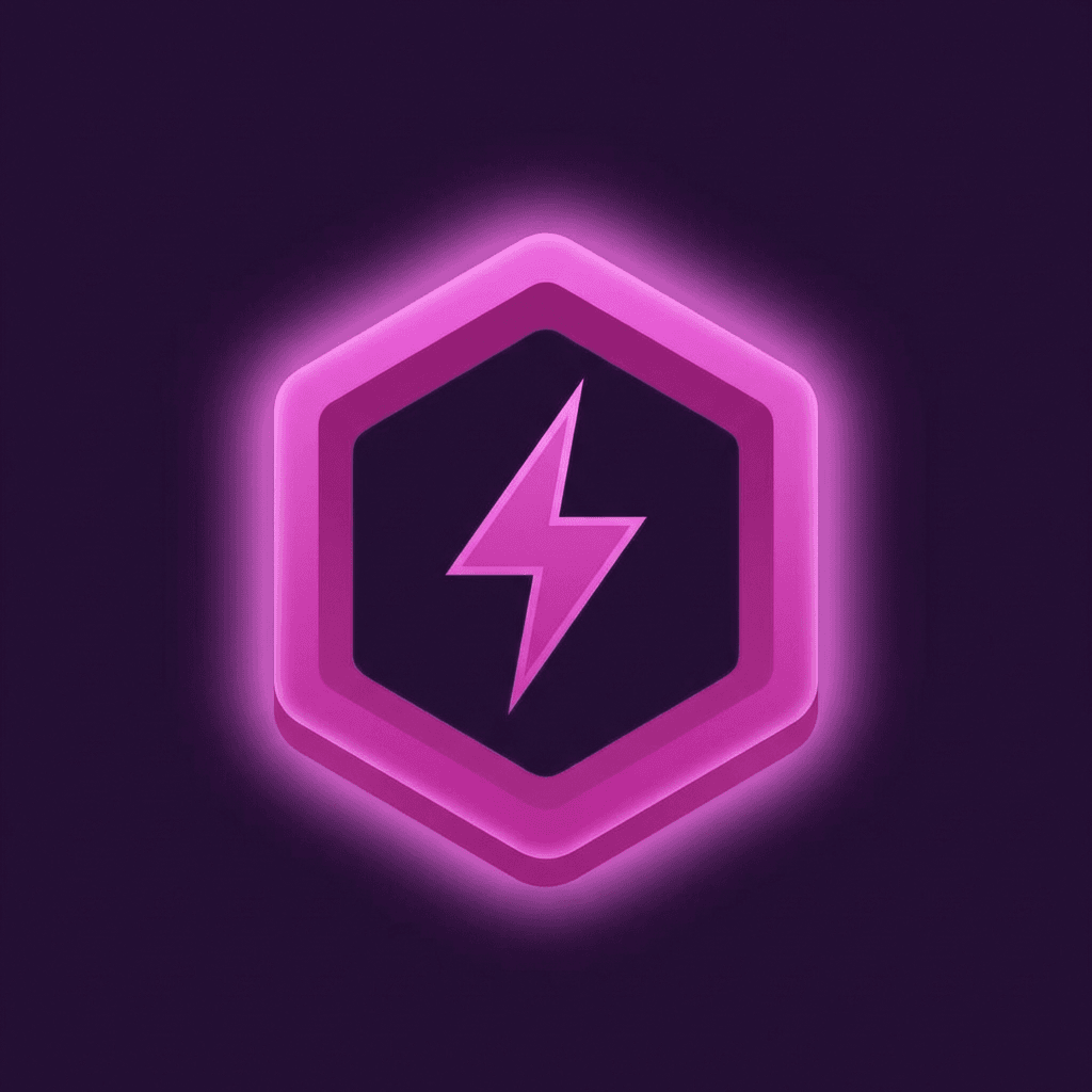AI generated: glowing geometric hexagon icon, magenta #D946A8 dominant color, dark purple background, 
lightning b...