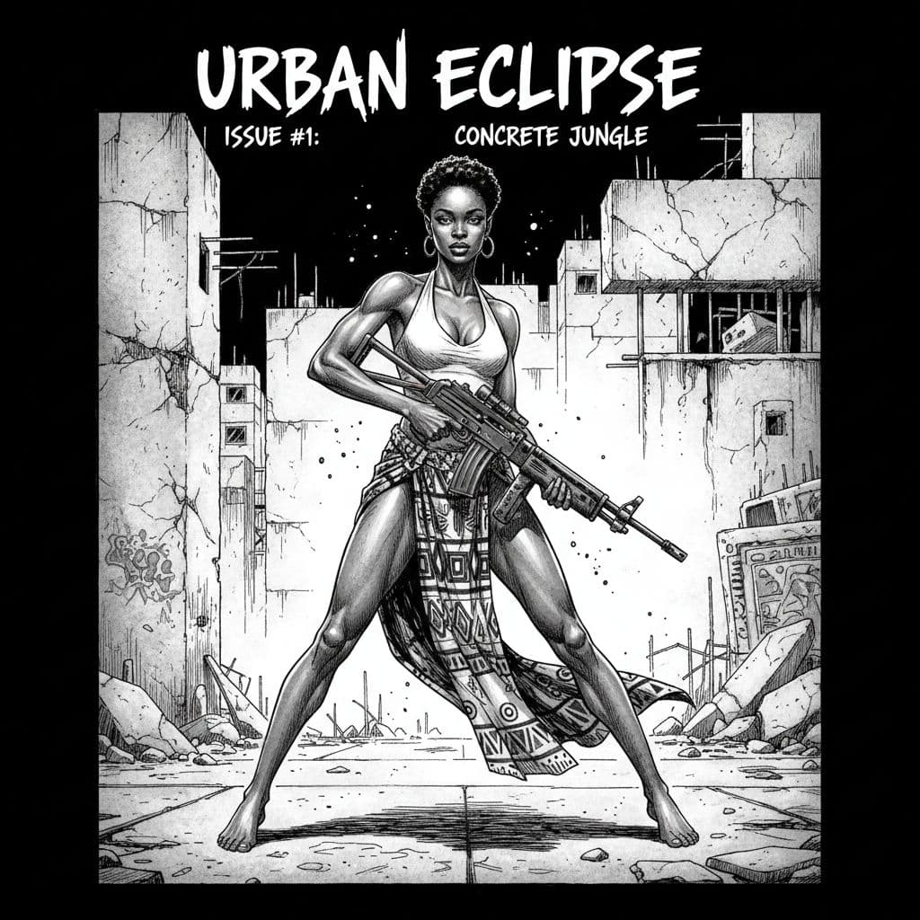AI generated: Comic book cover illustration, full body shot of young beautiful African American woman, top model f...