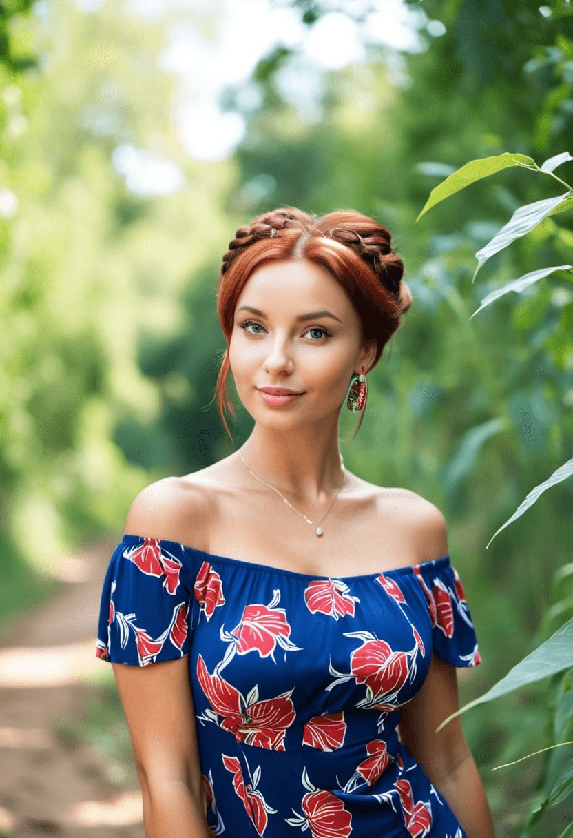 AI generated: HDR photo of woman, auburn hair in a bun, happily smiling at the viewer, wearing a colorful off the ...