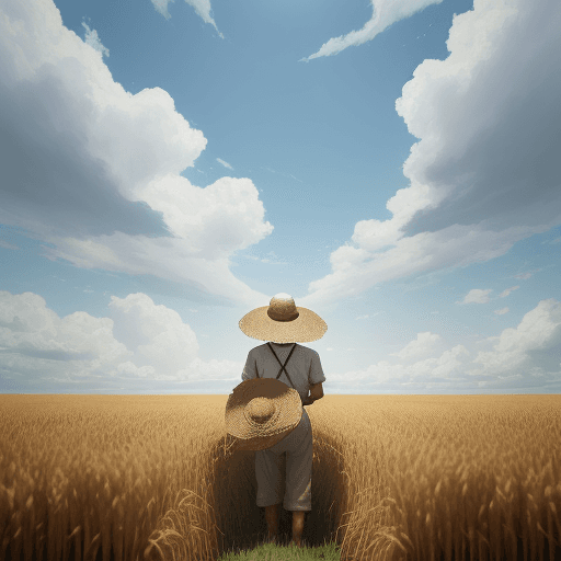 AI generated: Wheat field, a farmer uncle with a straw hat standing in a wheat field, big clouds, blue sky, rice f...
