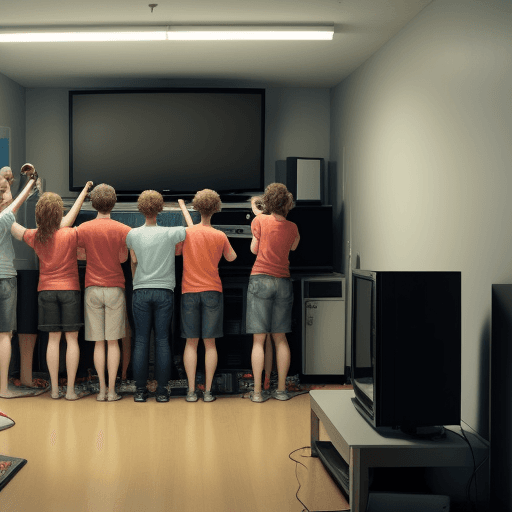 AI generated: Photo of a room with eight people standing in front of a tv.  The people are yelling at the tv and h...