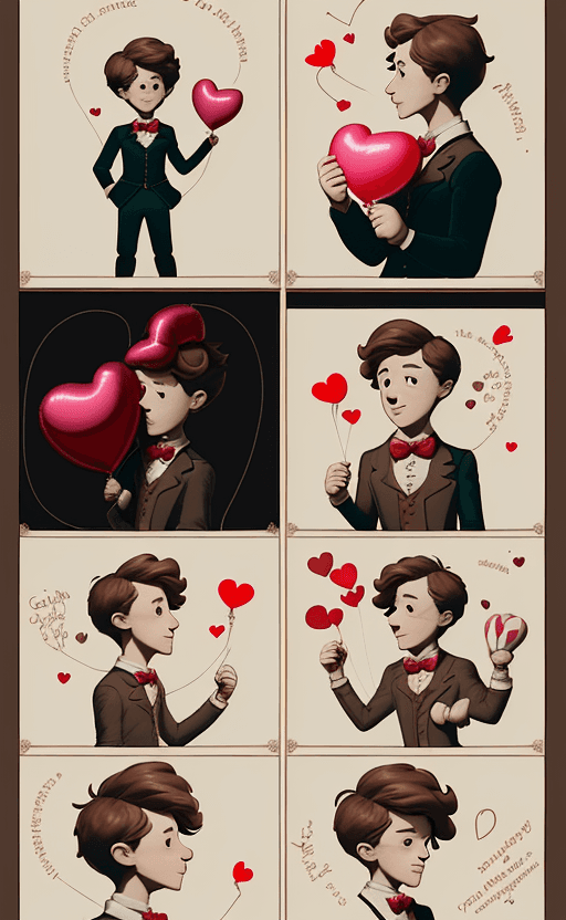 AI generated: a poster depicts a boy holding a heart shaped balloon, in the style of sketchfab, poodlepunk, warm t...