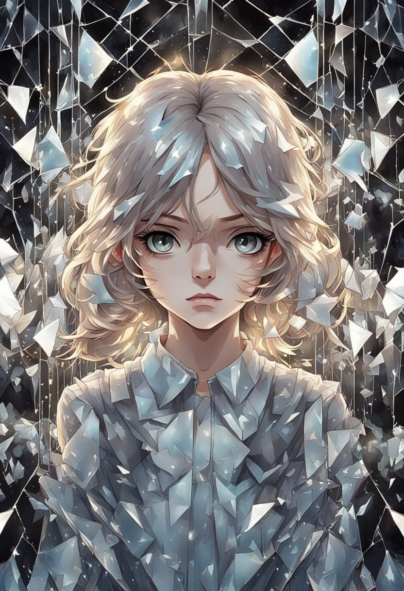 AI generated: Envision a hauntingly beautiful anime portrait of a girl in a mirrored gallery. She is perfectly in ...